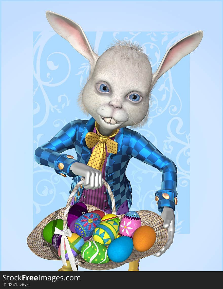 The Easter Bunny has a basket full of colorful eggs to share - 3D render. The Easter Bunny has a basket full of colorful eggs to share - 3D render.