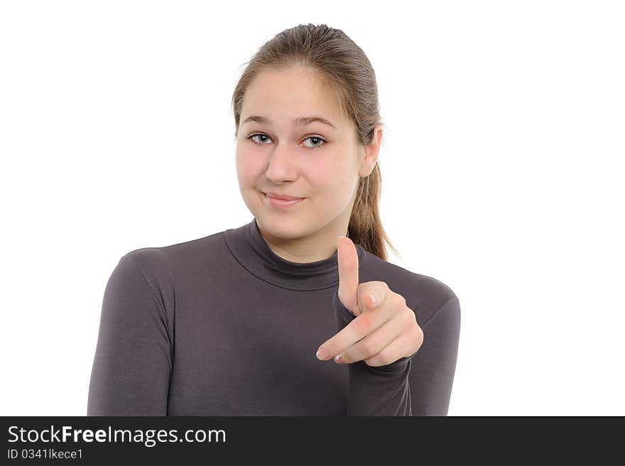 Girl pointing at you, isolated on white background