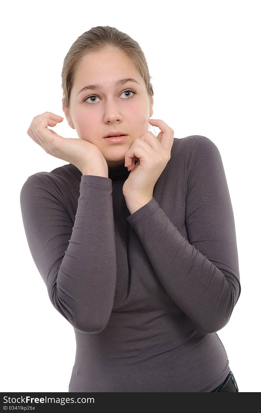 Beautiful girl crying isolated over white