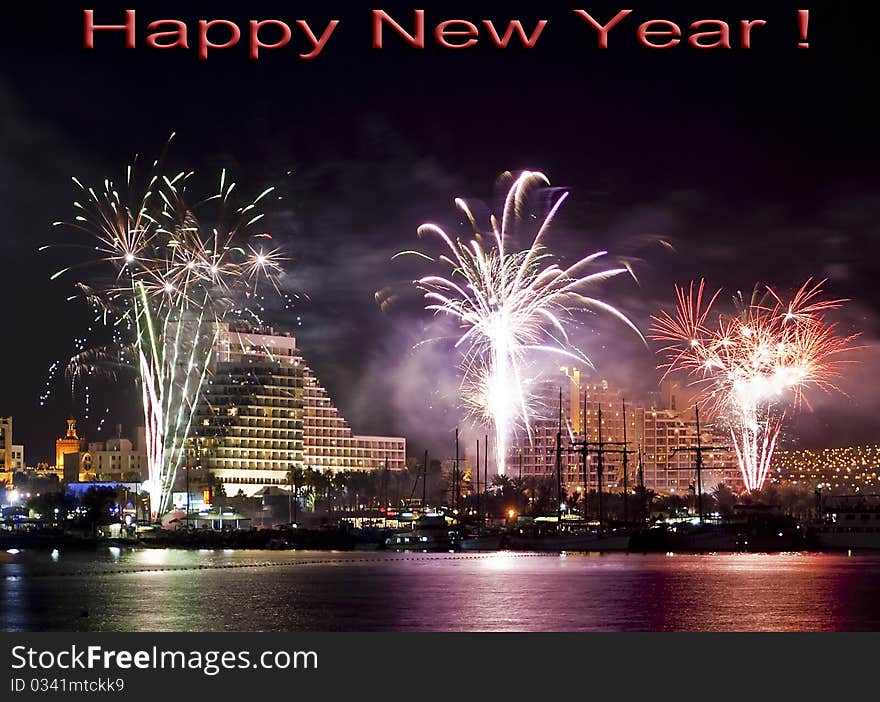 Fireworks on the beach of Eilat city, Israel