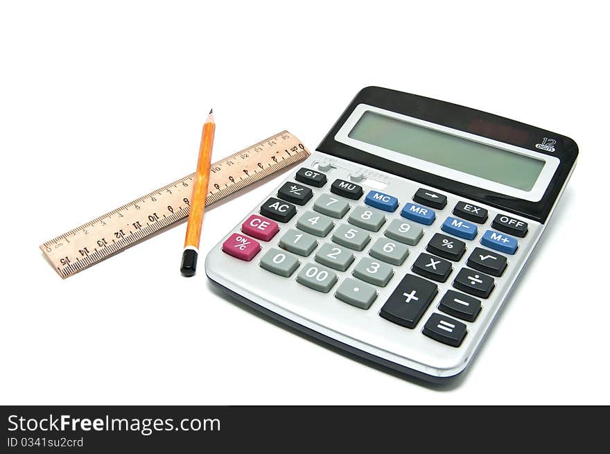 Pencil, ruler, calculator on a white background