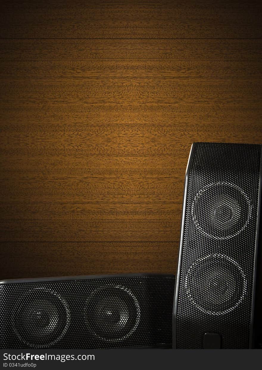 Wood background with two speakers. Wood background with two speakers