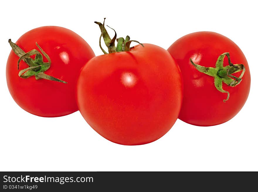 Three red tomatoes, isolated on white background