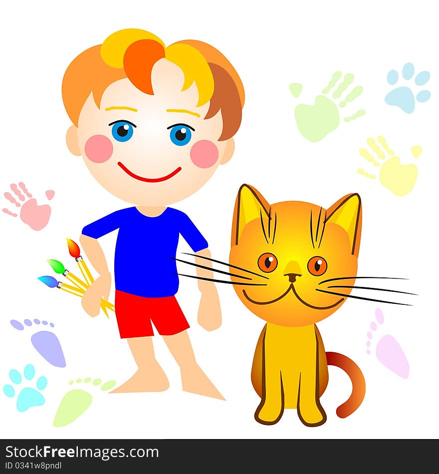 Vector boy and a cat drawing