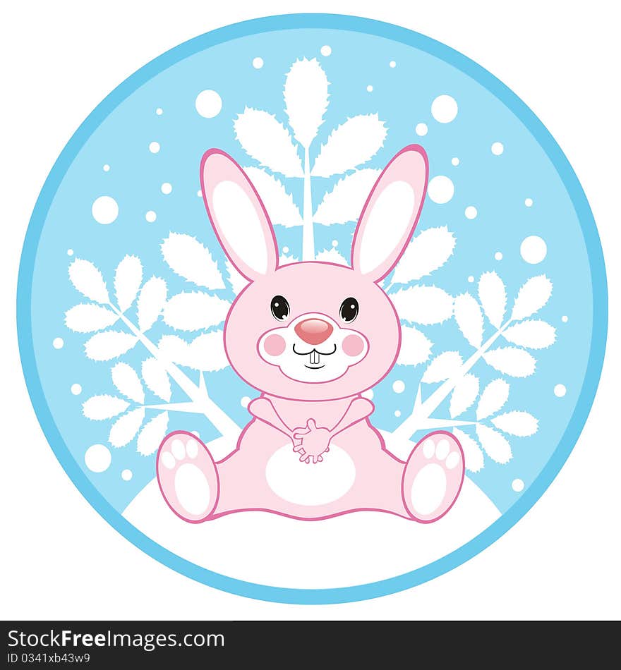 Pink hare on a round card: illustration