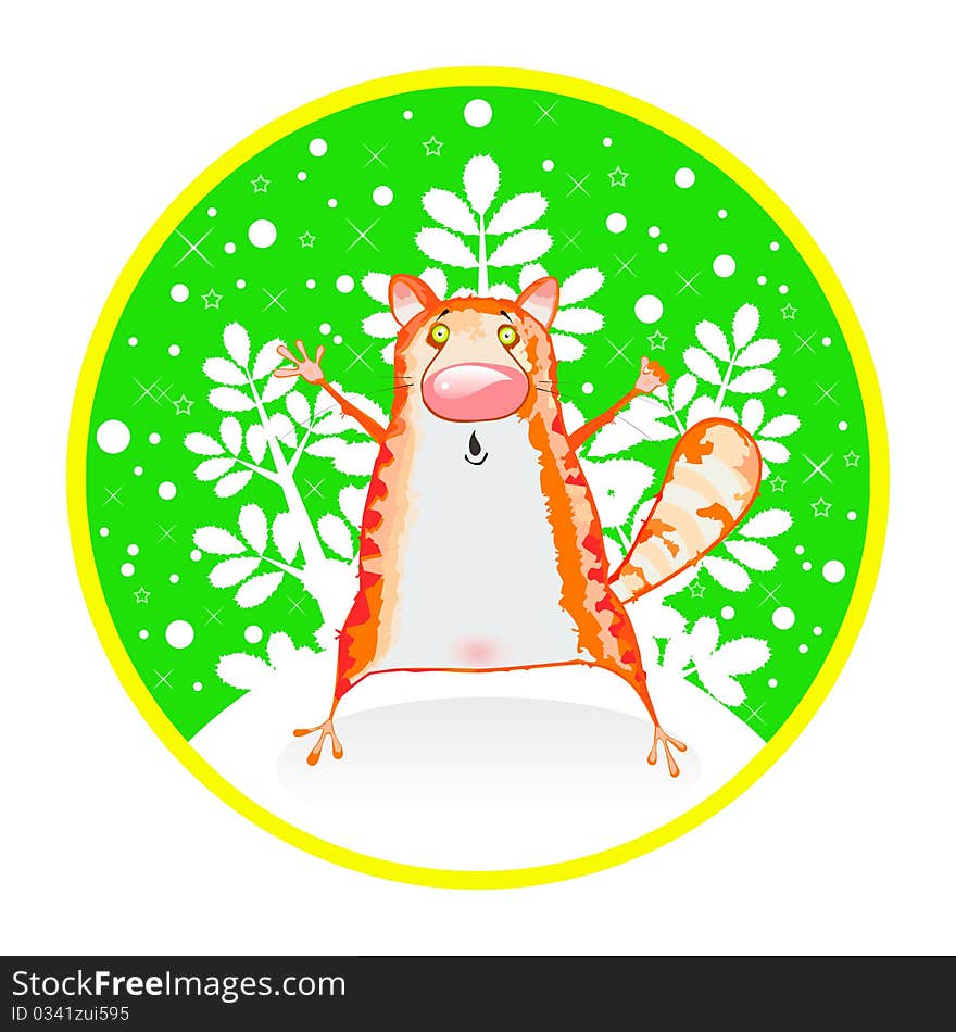 Rad cat on a round card: winter illustration. Rad cat on a round card: winter illustration