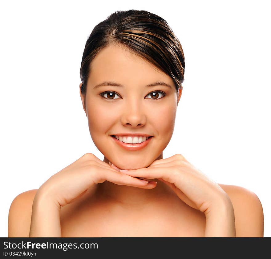 Young isolated model poses for portrait in studio, isolated on white. Young isolated model poses for portrait in studio, isolated on white