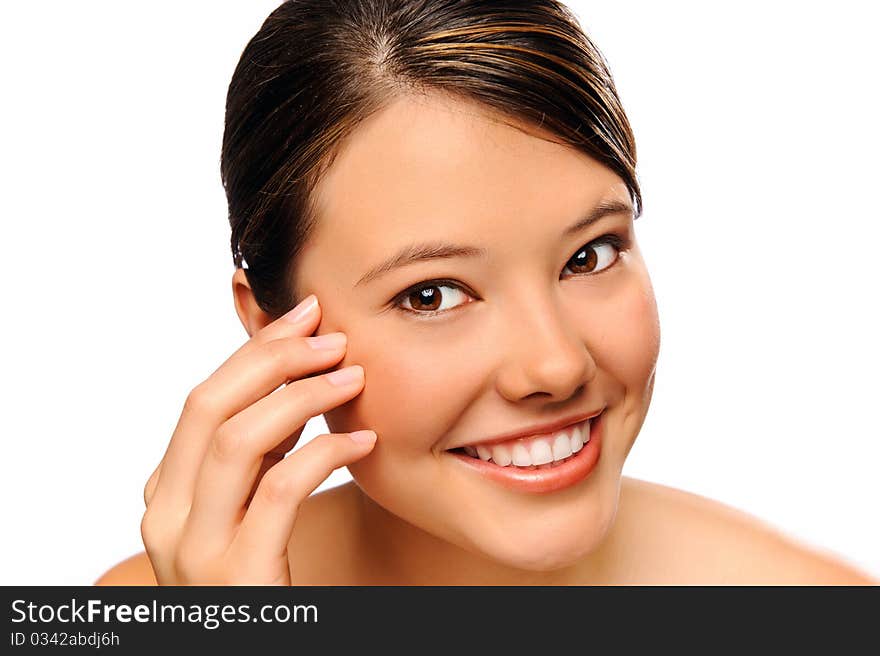 Close up portrait of a model smiling, isolated on white. Close up portrait of a model smiling, isolated on white