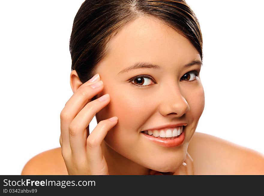 Close up portrait of a model smiling, isolated on white. Close up portrait of a model smiling, isolated on white