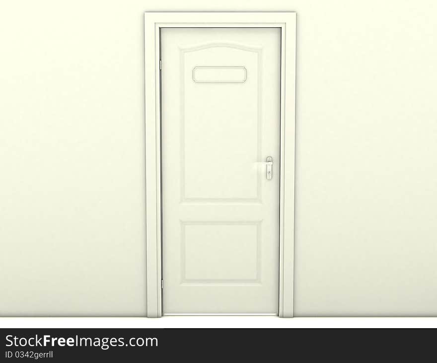 Closed white door marked with white floor and white wall №3. Closed white door marked with white floor and white wall №3