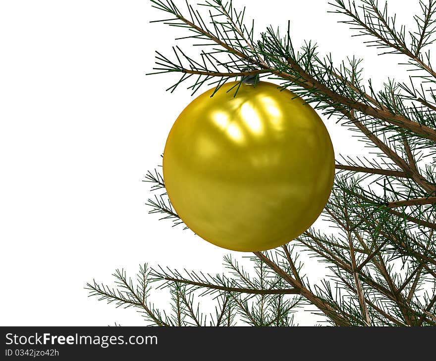 Yellow Christmas toy attached to a tree branch on a white background