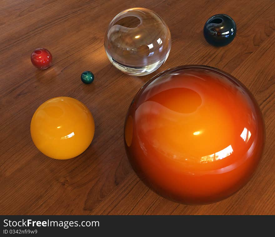 Multi-colored balls with reflections on the blackboard. Multi-colored balls with reflections on the blackboard