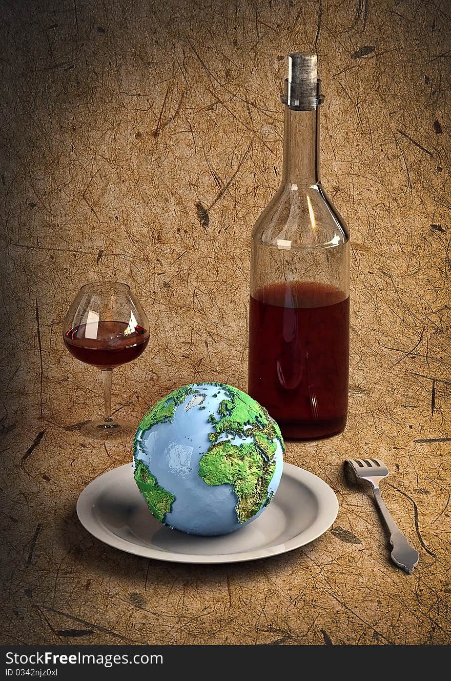 Cutlery: A bottle, glass, plate, fork and napkin. Earth on a plate. Cutlery: A bottle, glass, plate, fork and napkin. Earth on a plate