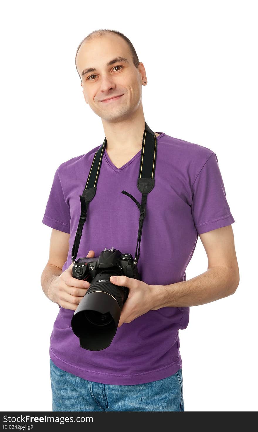 Handsome man with a photo camera. Isolated over white background