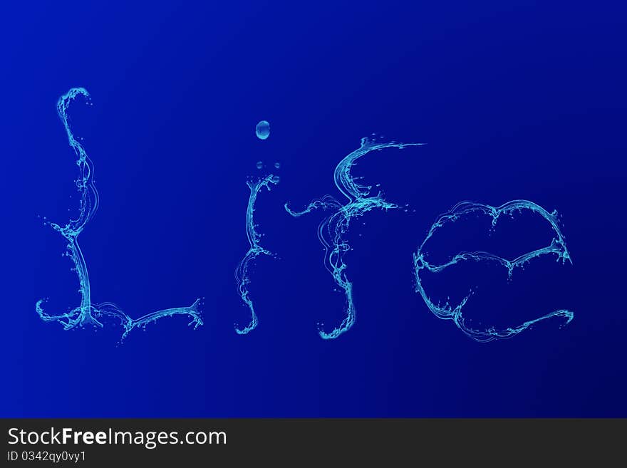 Word life from water splashes on a blue background