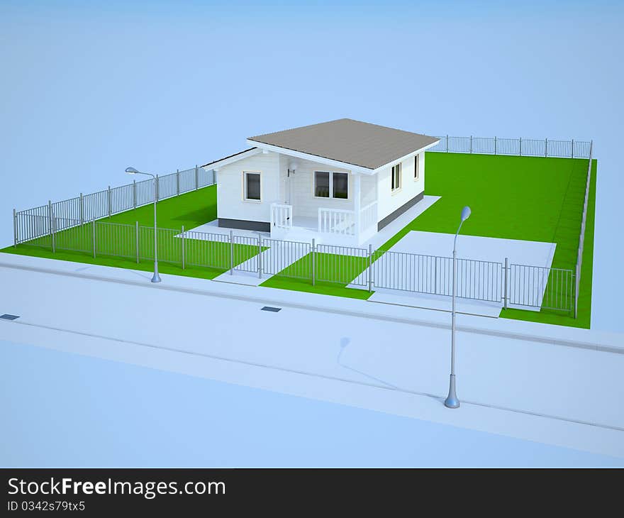 Small white cottage on the earth with a fencing