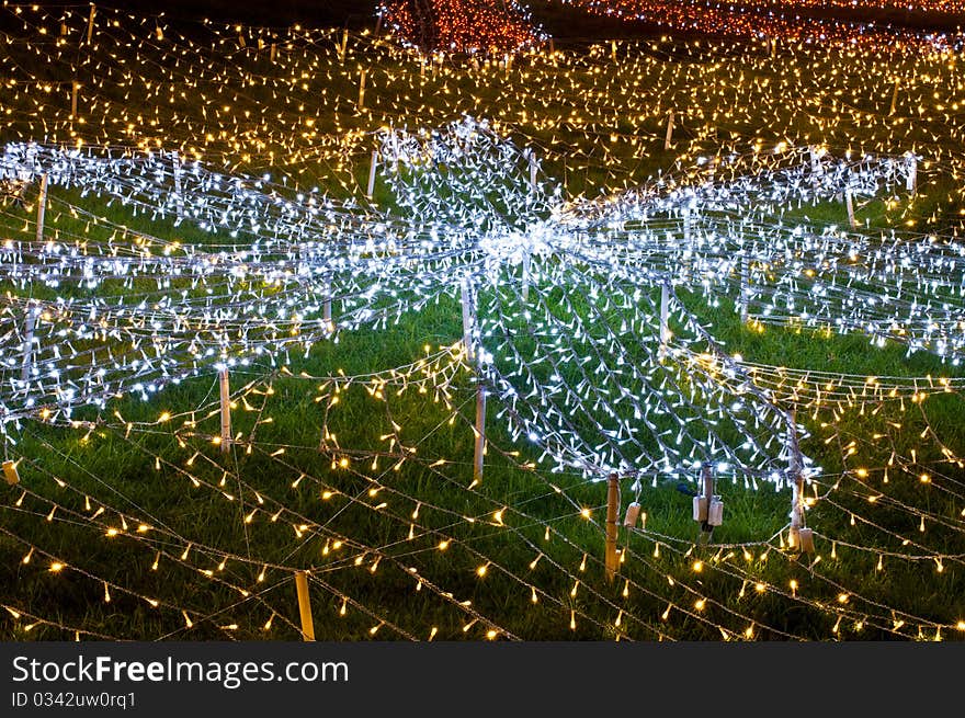 Decoration of small lamps on grass floor