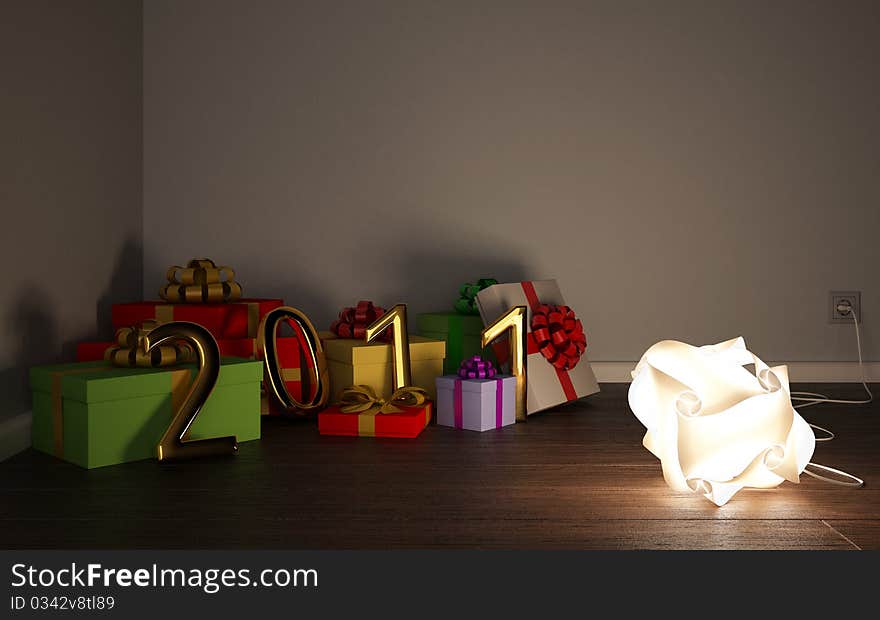 Original lamp with group of presents and 2011 figure in the corner of the room. Original lamp with group of presents and 2011 figure in the corner of the room.