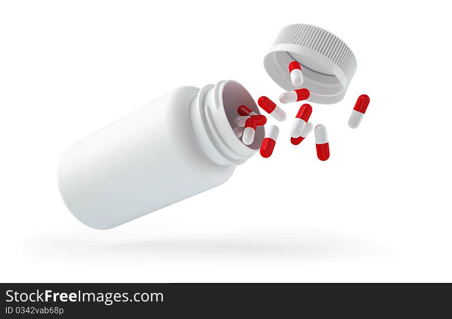 Fallen bottle with pills isolated on white background. XXXL image with clipping path. Fallen bottle with pills isolated on white background. XXXL image with clipping path.