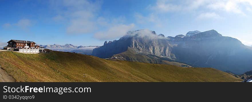 Passo Sella Cabin-Dolomites Mountains panorama