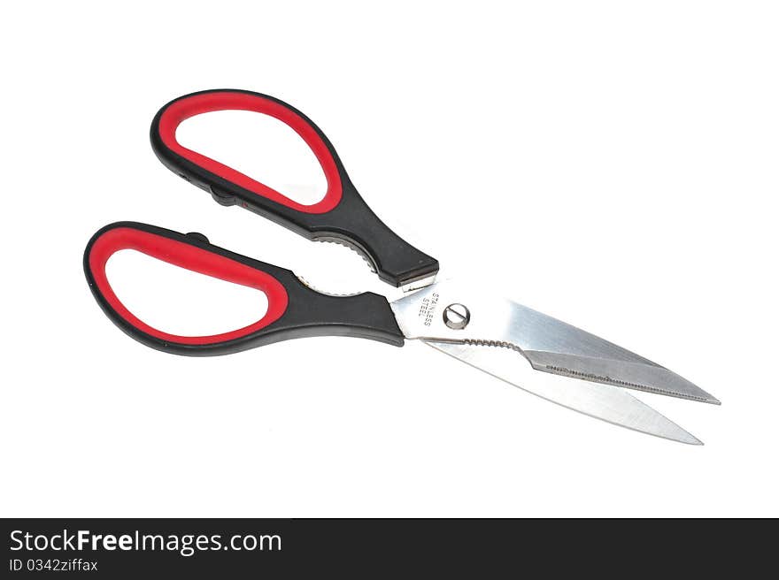 A Pair Of Red Scissors On white Background