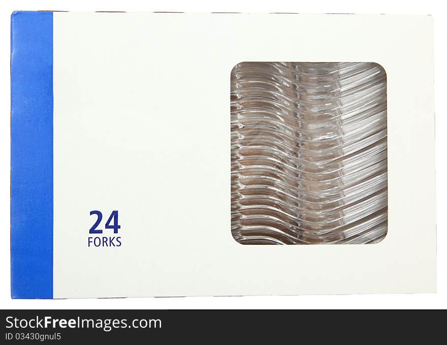 Box of 24 clear plastic forks in a blank label box over white. Box of 24 clear plastic forks in a blank label box over white.