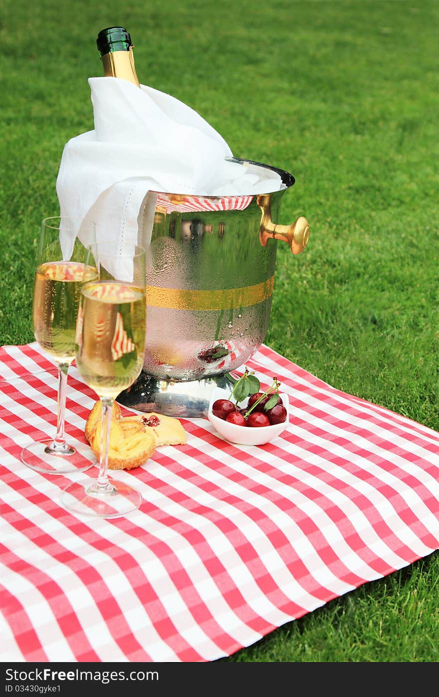 Champagne in the glass at a summer picnic