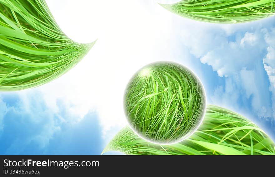 Eco background - green grass leaves and sphere in blue sky. Eco background - green grass leaves and sphere in blue sky