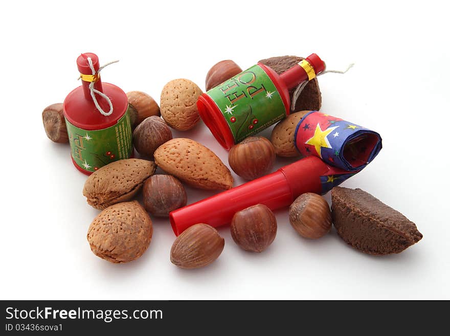 Mixed nuts with party blowers and poppers