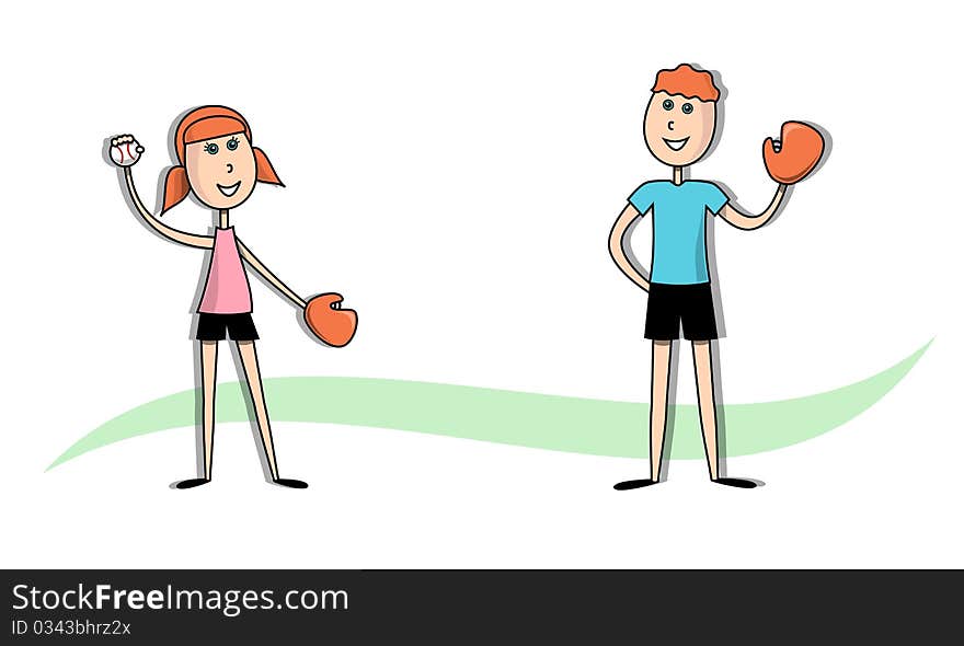 Illustration of two kids (girl and boy) playing catch with a baseball and mitts. Illustration of two kids (girl and boy) playing catch with a baseball and mitts.
