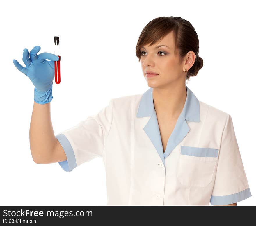 Doctor in blue gloves will be carry out research a samples of bloods at inhabitants of coast on availability of poisoning. Doctor in blue gloves will be carry out research a samples of bloods at inhabitants of coast on availability of poisoning