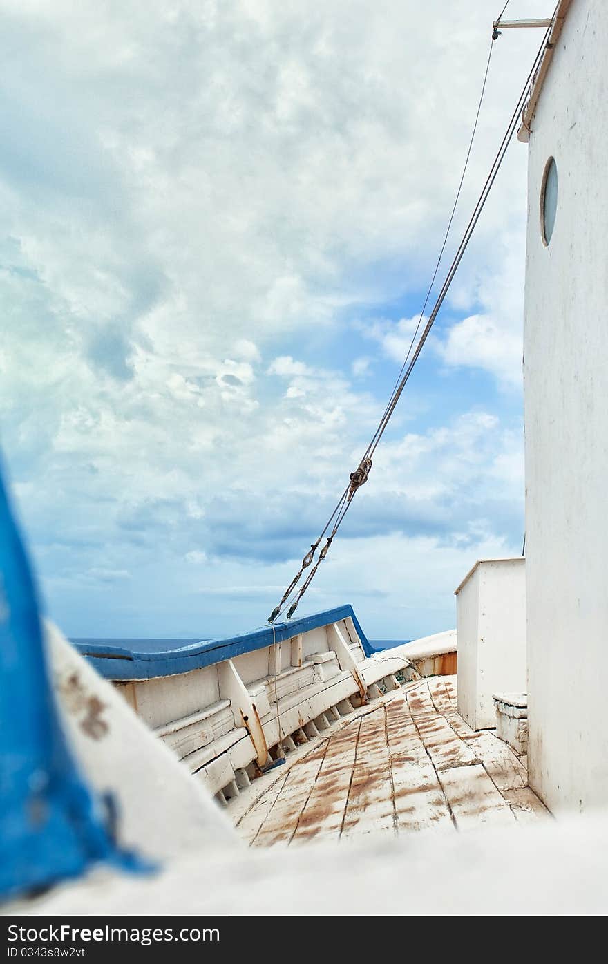 Ship Deck with ocean horizont and blue sky