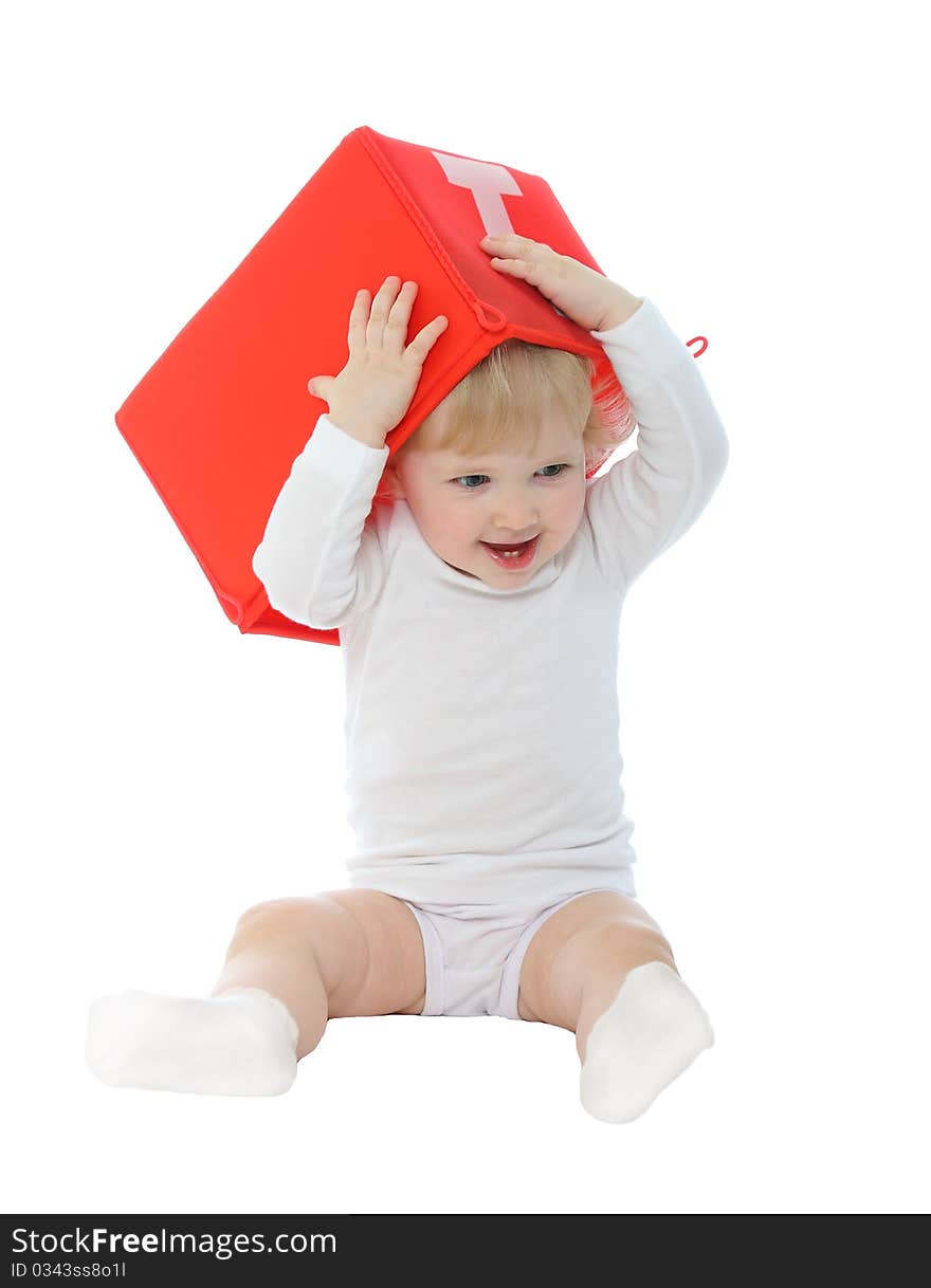 1 year old baby with red box isolated on white