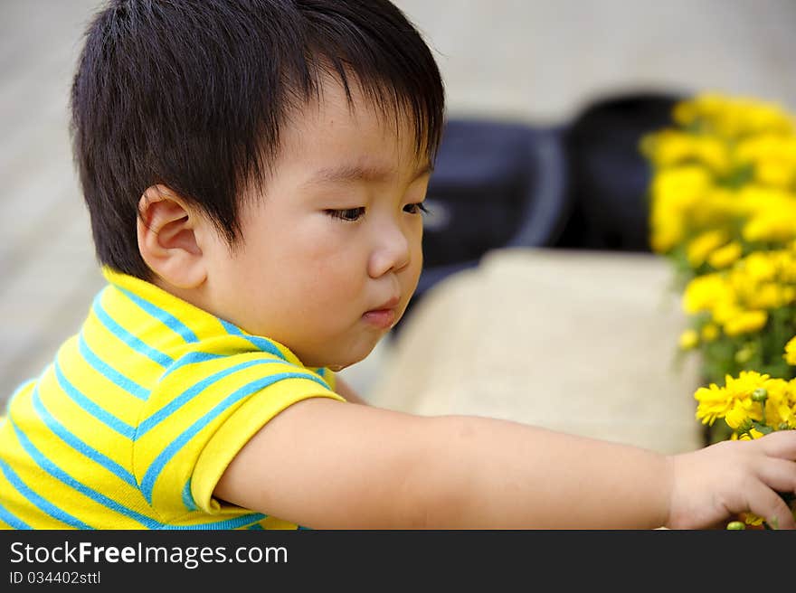 A cute baby is playing in garden