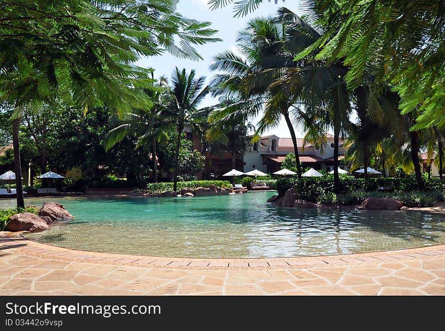 Exterior of luxury hotel, picture taken during the sunny day, Goa, India.