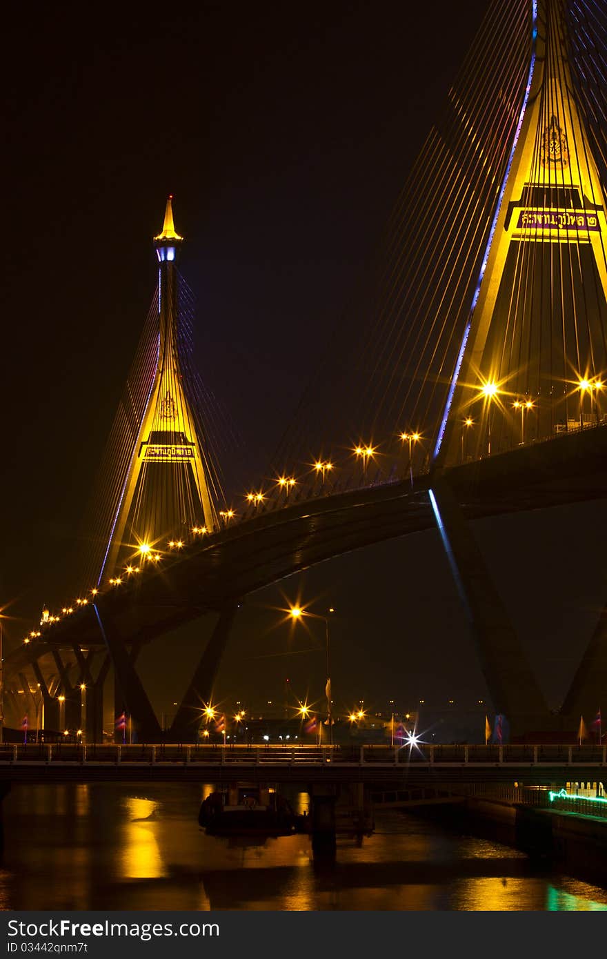 The King Bhumiphol Bridge in night view.