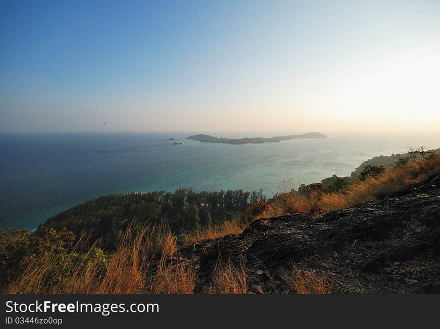 Andaman sea scenic view from the cliff during sunset