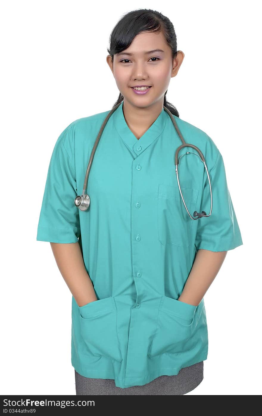 A Doctor wearing scrub isolated over white background. A Doctor wearing scrub isolated over white background