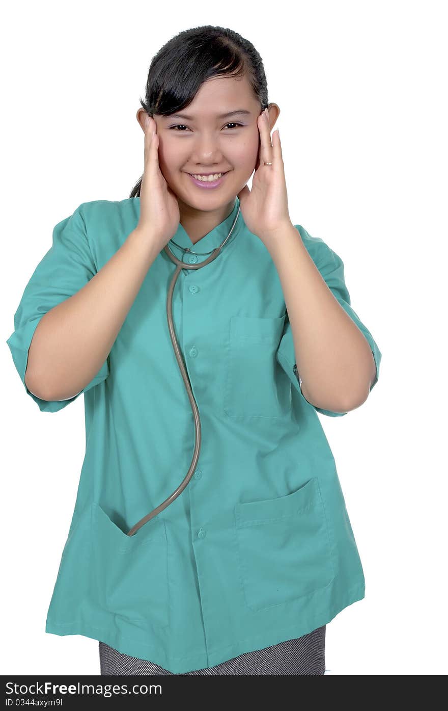 A Doctor wearing scrub isolated over white background. A Doctor wearing scrub isolated over white background