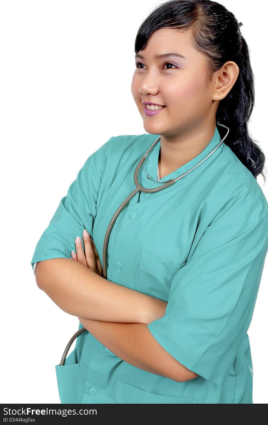 A Doctor wearing scrub isolated over white background. A Doctor wearing scrub isolated over white background