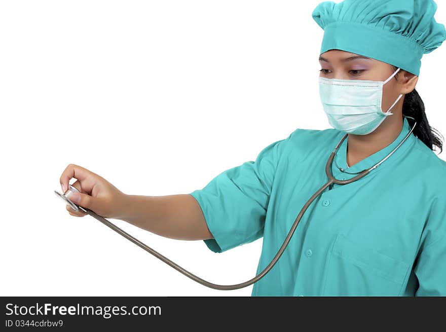 A Doctor wearing scrub and hold stethoscope isolated over white background. A Doctor wearing scrub and hold stethoscope isolated over white background