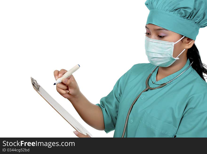 A Doctor wearing scrub hold paperboard isolated over white background. A Doctor wearing scrub hold paperboard isolated over white background