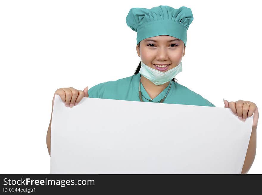 A Doctor wearing scrub and hold paper isolated over white background. You can put your copy ad in this paper. A Doctor wearing scrub and hold paper isolated over white background. You can put your copy ad in this paper