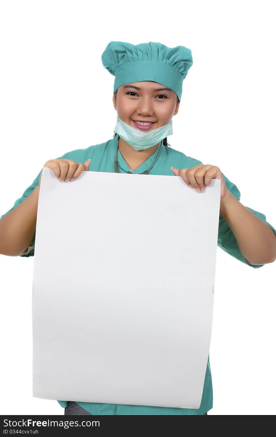 A Doctor wearing scrub and hold paper isolated over white background. You can put your copy ad in this paper. A Doctor wearing scrub and hold paper isolated over white background. You can put your copy ad in this paper