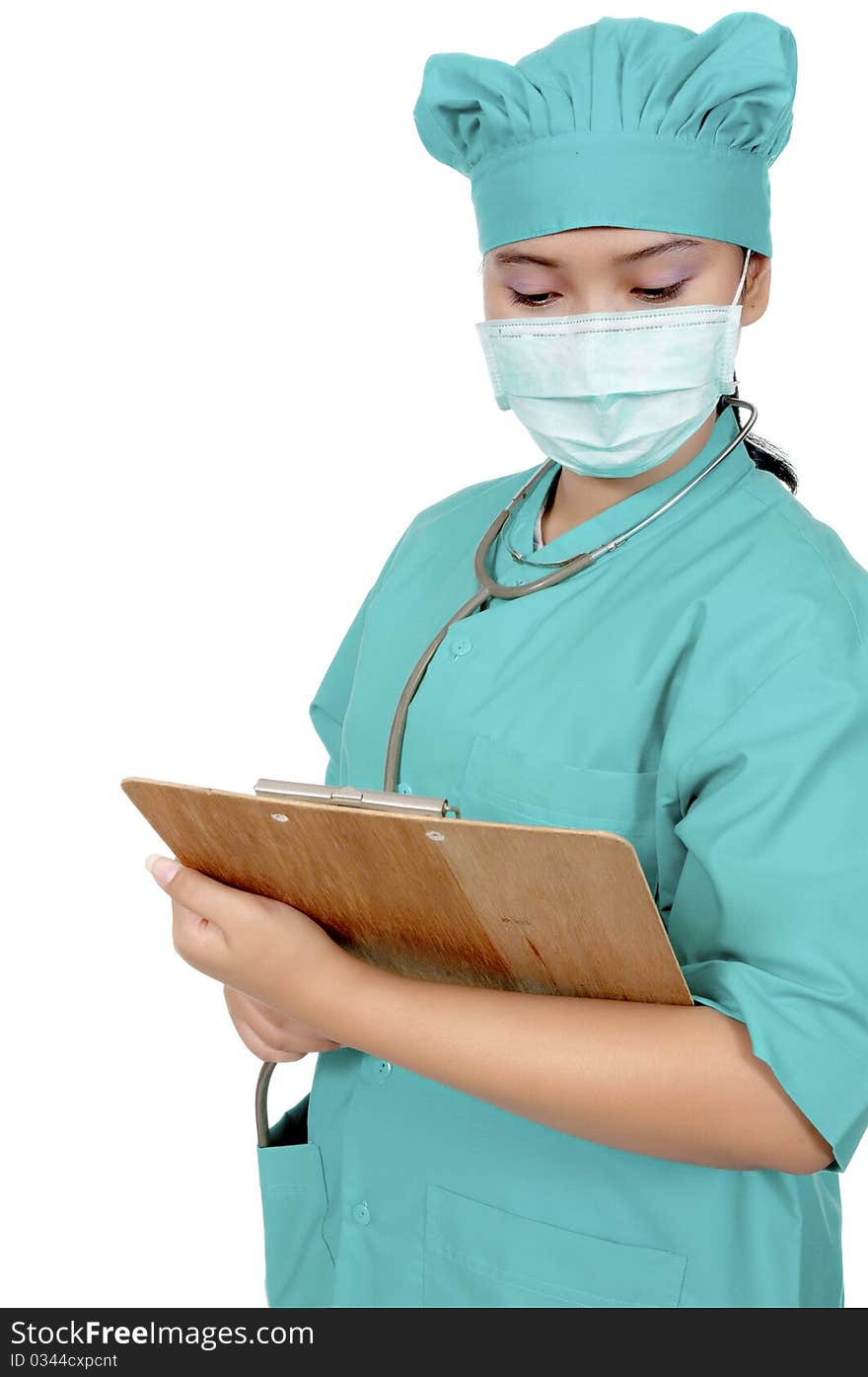 A Doctor wearing scrub and hold paperboard isolated over white background. A Doctor wearing scrub and hold paperboard isolated over white background