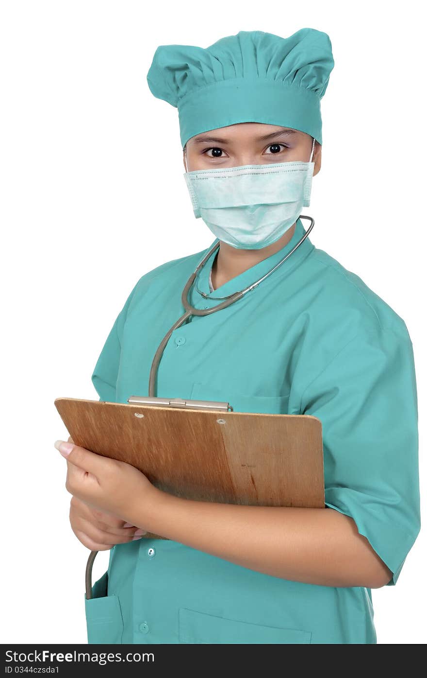 A Doctor wearing scrub and hold paperboard isolated over white background. A Doctor wearing scrub and hold paperboard isolated over white background