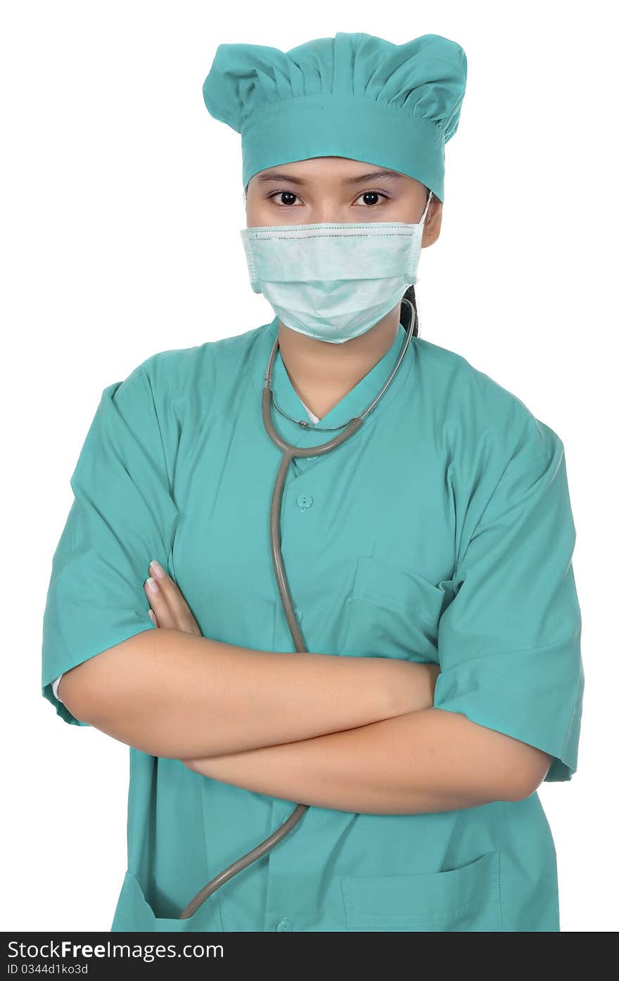 A Doctor wearing scrub isolated over white background. A Doctor wearing scrub isolated over white background