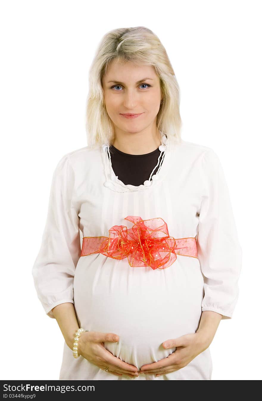 Portrait of pregnant woman with red bow isolated on white