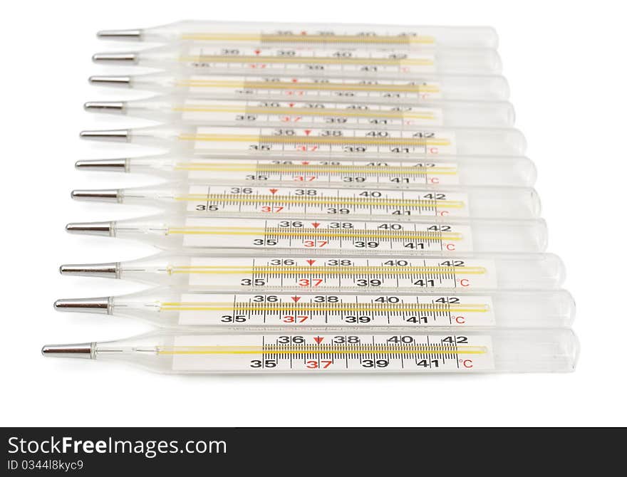 Medical thermometers on a white background