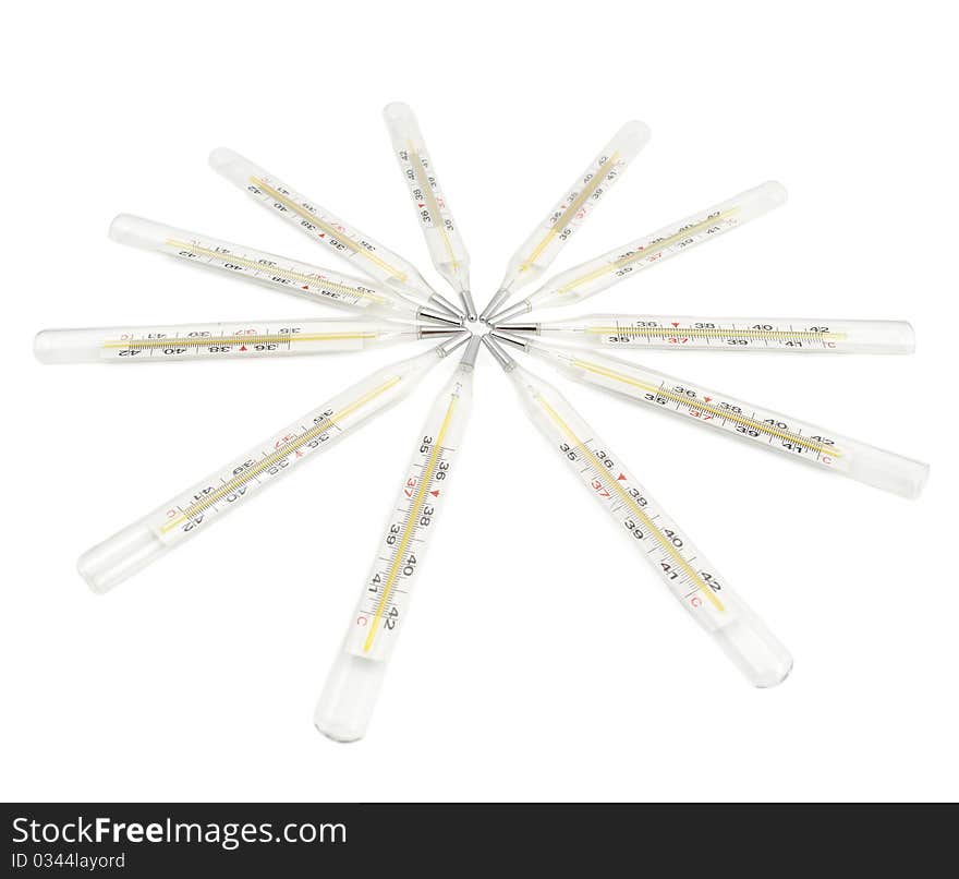 Medical thermometers on a white background